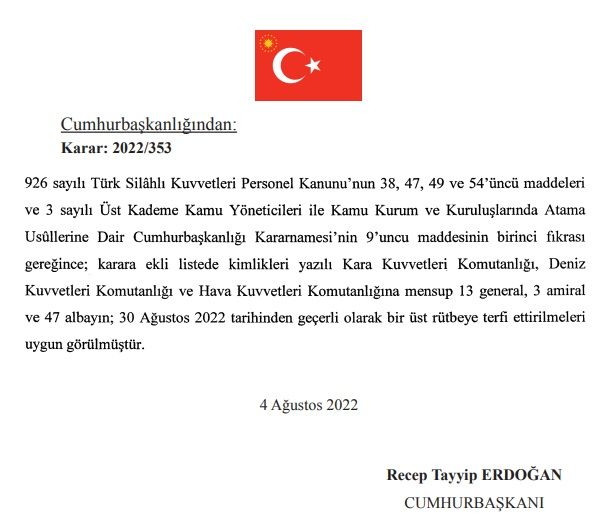 Cumhurbaşkanı Erdoğan'ın İmzaladığı Atama Kararları Resmi Gazete'de! TSK'da terfi ettirilen generallerin listesi! 4