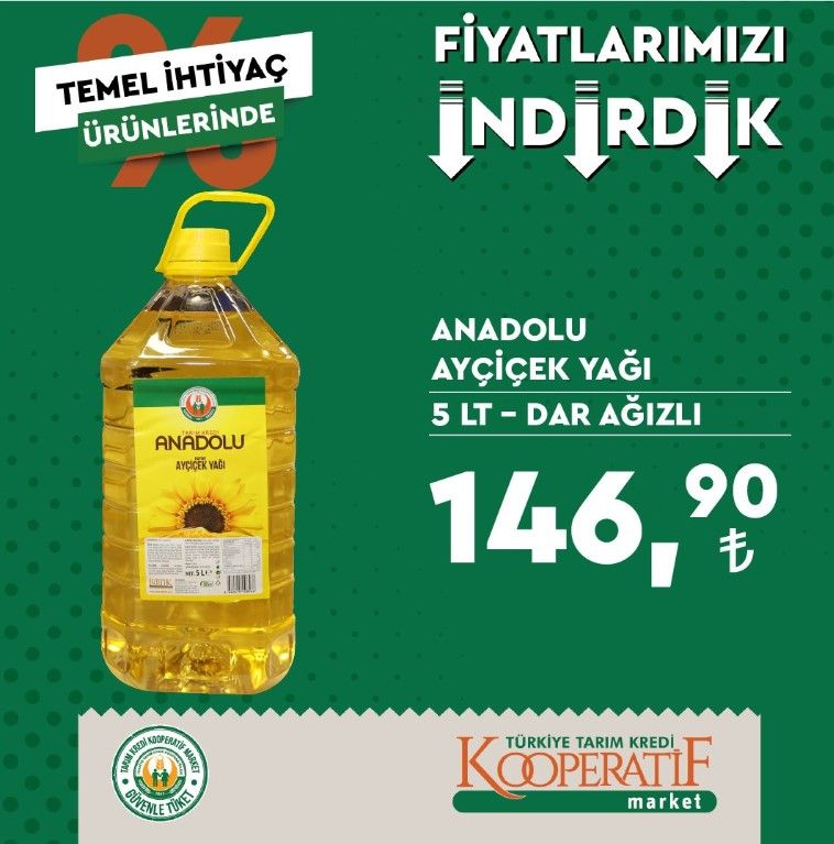 Tarım Kredi Market Eylül ayı indirimleri açıklandı! 5 LT Anadolu Ayçiçek yağı, kırmızı et, kıyma, tavuk, un, süt, yumurta indirimli fiyat listesi 5