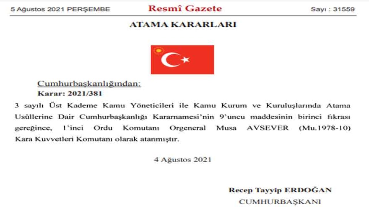 5 Ağustos 2021 Cumhurbaşkanlığı Atama Kararnamesi Resmi Gazete'de Yayınlandı