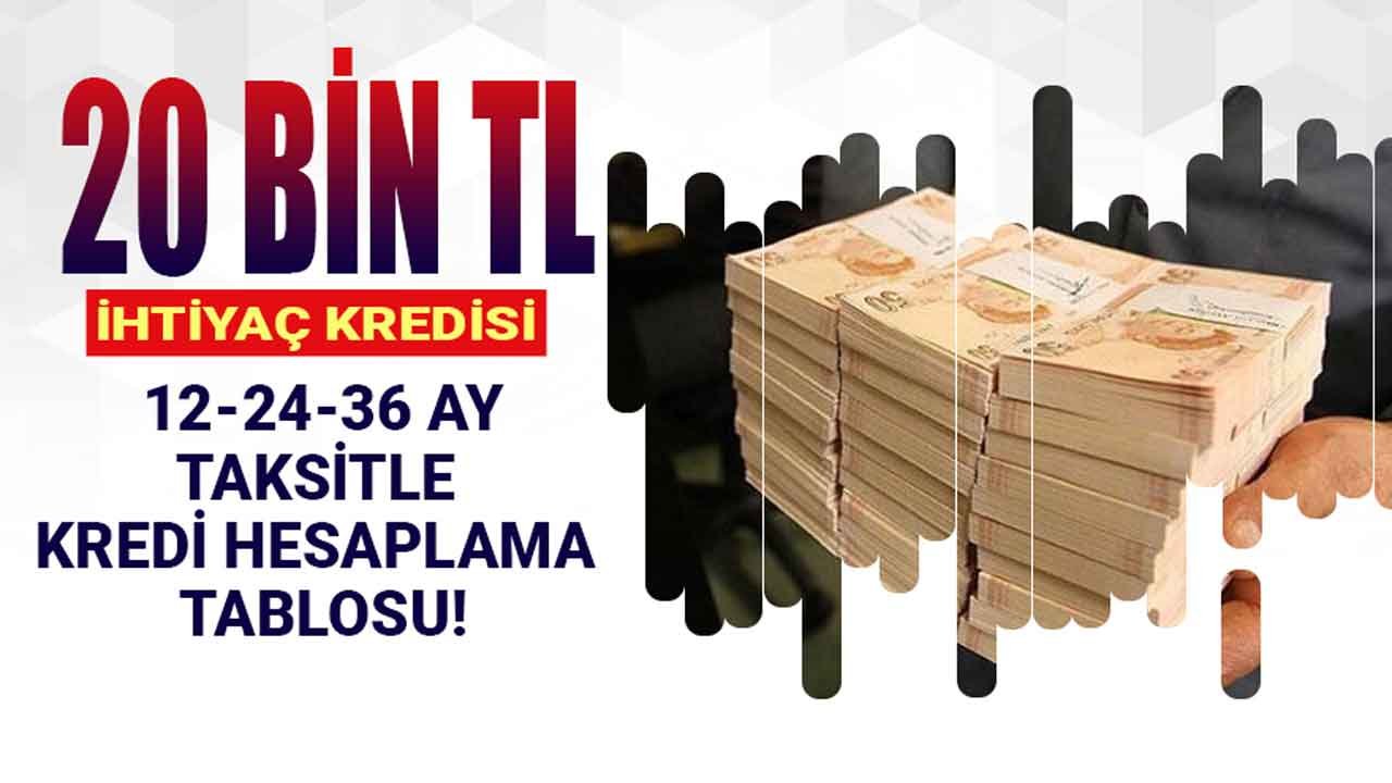 20 Bin TL Kredi 12 - 24 - 36 Ay Taksitle Kaç TL Ödenir?
