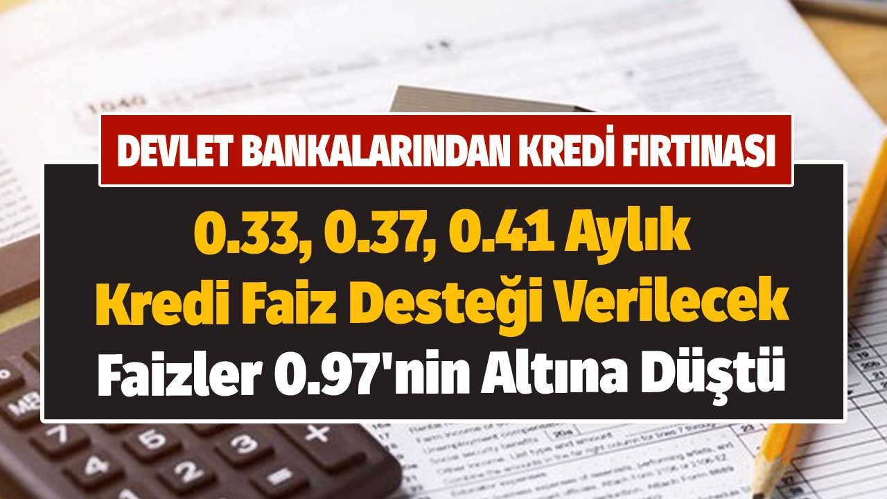 Devlet Bankalarından Kredi Fırtınası! 0.33, 0.37, 0.41 Aylık Kredi Faiz Desteği Verilecek Faizler 0.97'nin Altına Düştü