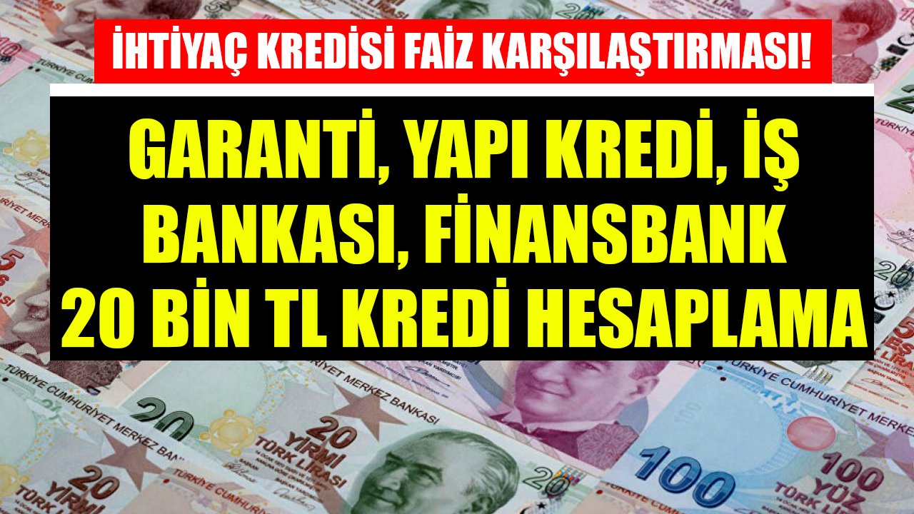 İhtiyaç Kredisi Faiz Karşılaştırması! Garanti, Yapı Kredi, İş Bankası, QNB Finansbank 20 Bin TL Kredi Taksit Hesaplaması