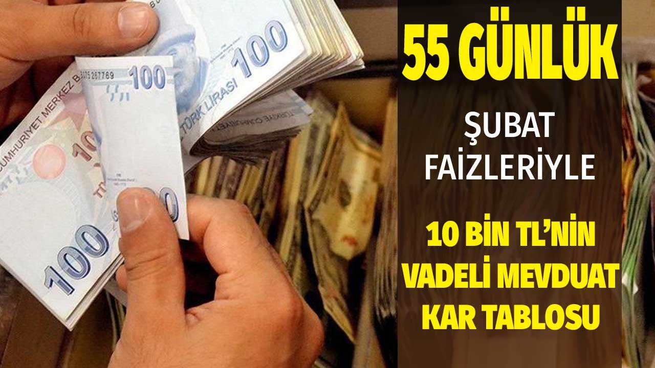 7 Şubat Faizleriyle 10.000 TL'nin 55 Günlük Vadeli Mevduat Kazanç Tablosu