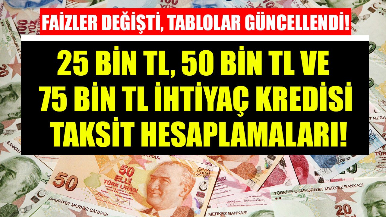 Faizler Değişti, Bankaların Tabloları Güncellendi! 25 Bin TL, 50 Bin TL, 75 Bin TL İhtiyaç Kredisi Taksit Hesaplamaları!