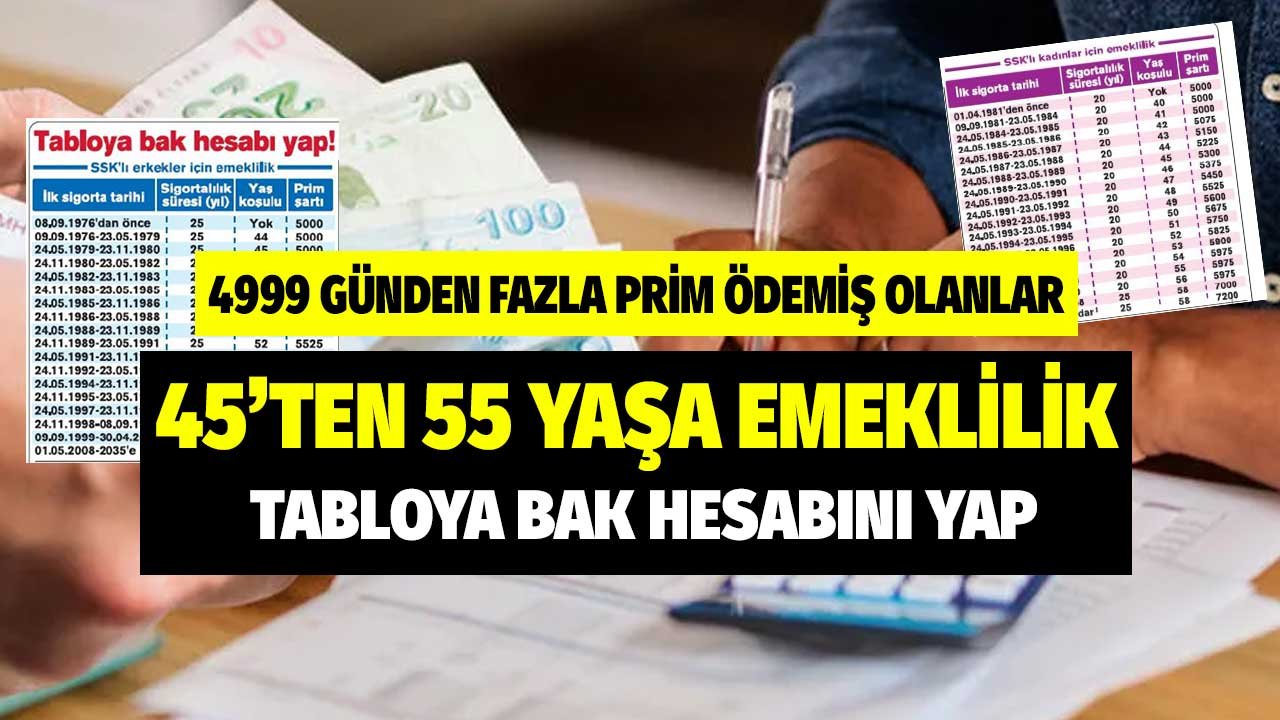 4999 günden fazla primi olana 45'ten 55 yaşa emeklilik! Tabloya bak hesabını yap