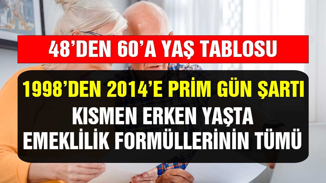 48'den 60'a emeklilik yaş hesabı! 1998'den 2014'e SGK prim şartı sigorta süresi kısmen emekli olma formülleri