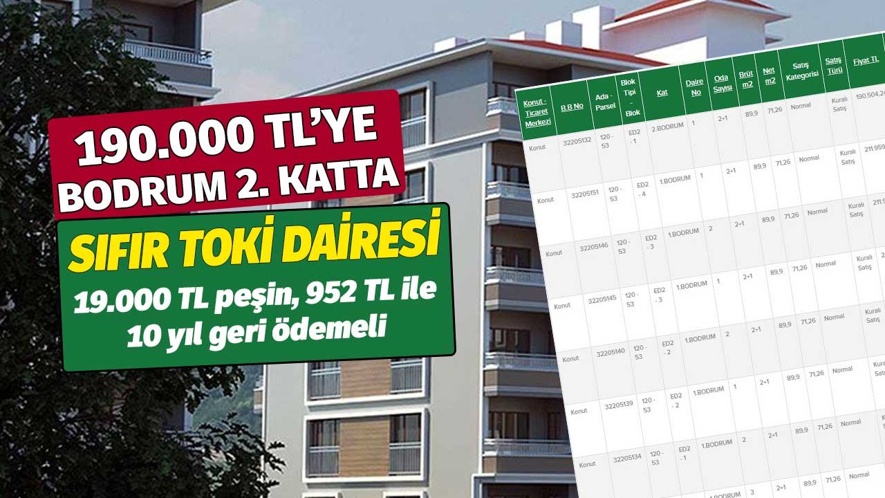 190.000 TL bodrum 2. katta sıfır TOKİ dairesi! 10 yıl ödemeli 952 TL taksitli