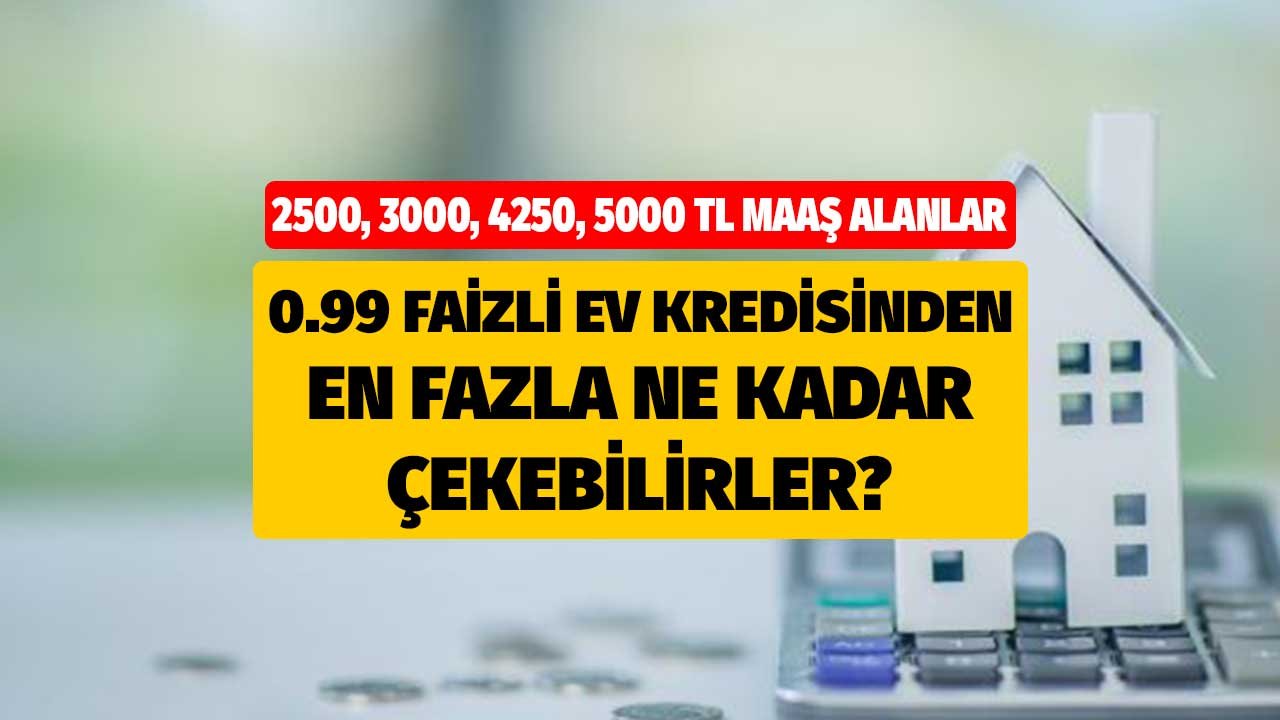 2500, 3000, 4250, 5000 TL maaş alanlar 0.99 faizli konut kredisinden en fazla kaç TL çekebilirler?