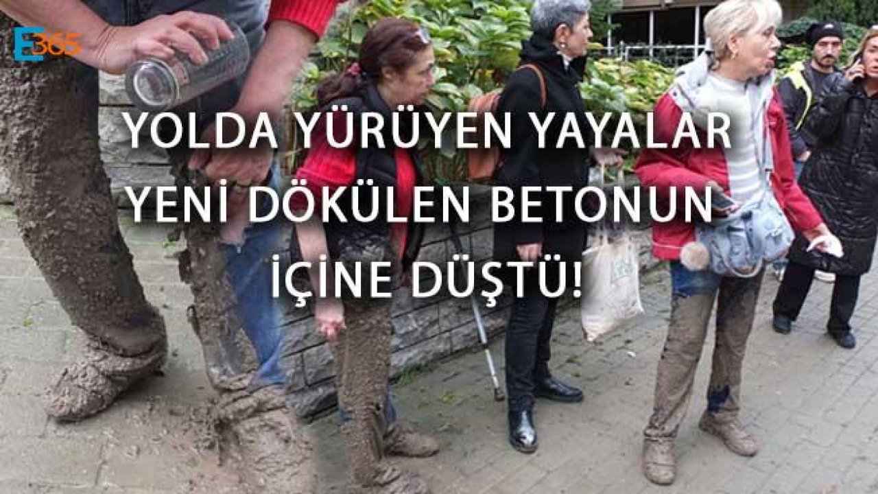 Kaldırımda Yürüyen Yayalar Yeni Dökülen Betonun İçine Düştü!