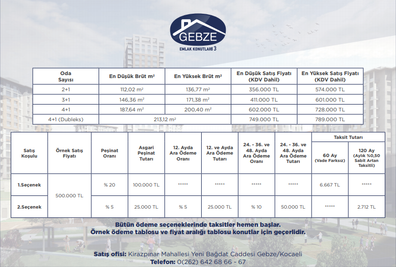 Gebze Emlak Konutları 3. Etap Fiyat Listesi 2018