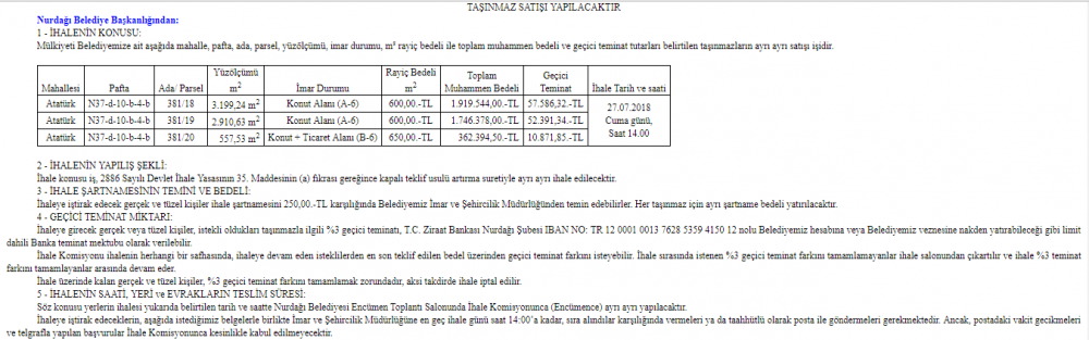 10 Temmuz 2018 Resmi Gazete Arsa, Taşınmaz İhale Duyuru İlanları