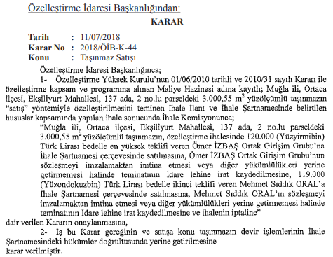 Özelleştirme İdaresi Arsa Satışı Kararı Resmi Gazete'de Yayımlandı