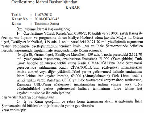 Özelleştirme İdaresi Arsa Satışı Kararı Resmi Gazete'de Yayımlandı