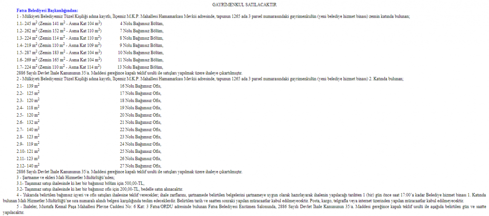 Belediyelerin Arsa / Taşınmaz Satışı Resmi Gazete İhale Duyuruları