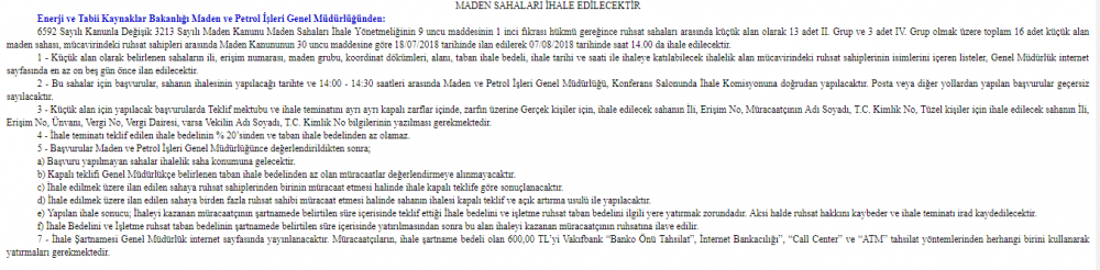 MİGEM İhalelik Maden Sahası Resmi Gazete İlanı