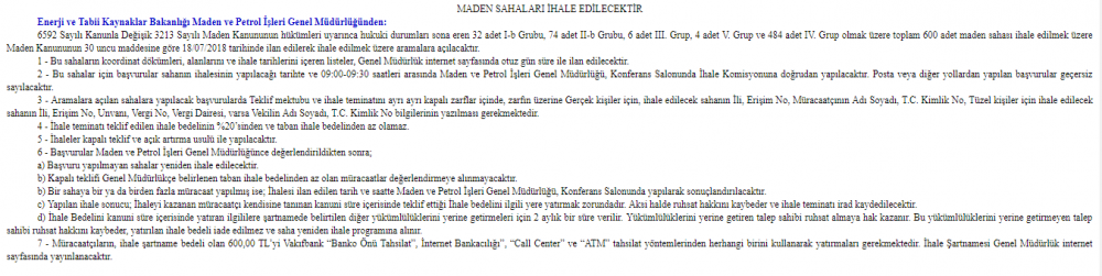 MİGEM İhalelik Maden Sahası Resmi Gazete İlanı