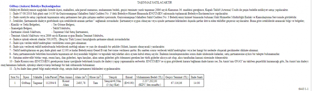 Ankara Gölbaşı Belediyesi ve Gaziantep Büyükşehir Belediyesi Taşınmaz İhalesi İlanları