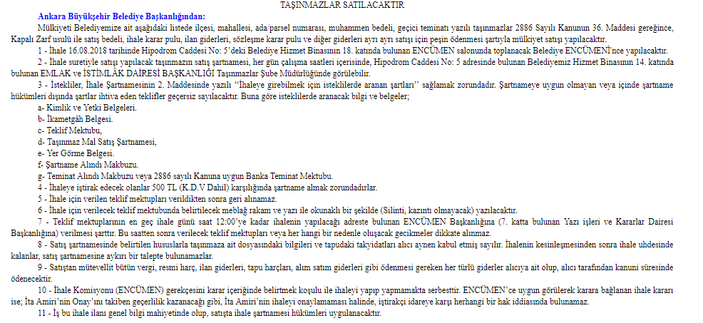 Ankara Büyükşehir Belediyesi Dükkan Satışı İhaleleri Hakkında Resmi Gazete İlanı