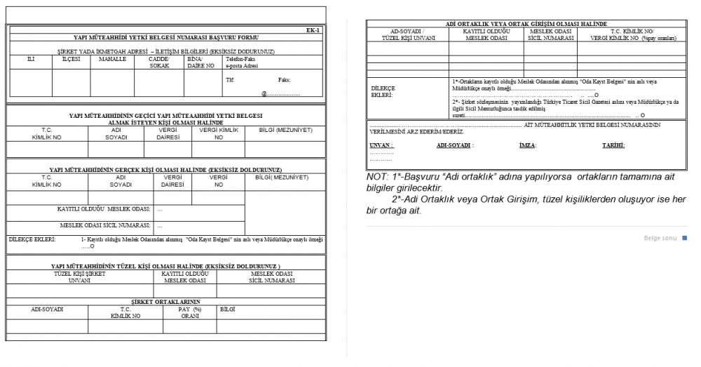 Müteahhitlik Yetki Belgesi Başvuru Formu