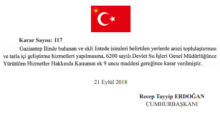 Gaziantep Arazi Toplulaştırması 22 Eylül 2018 Resmi Gazete İlanı