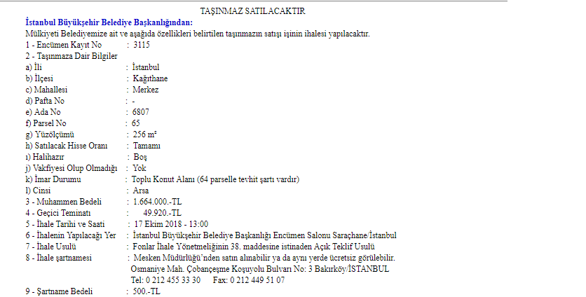 İstanbul Büyükşehir Belediyesi Arsa Satış İhalesi Resmi Gazete İlanı (Kağıthane Arsa İhalesi)