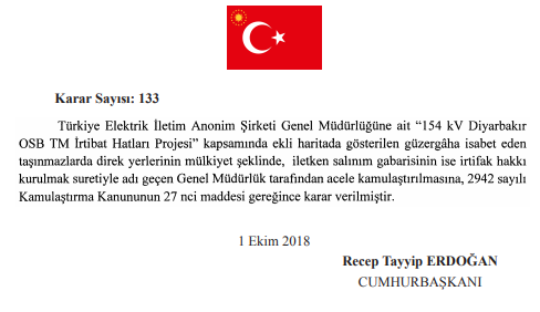 2 Ekim 2018 Tarihli Resmi Gazete Acele Kamulaştırma Cumhurbaşkanı Kararları