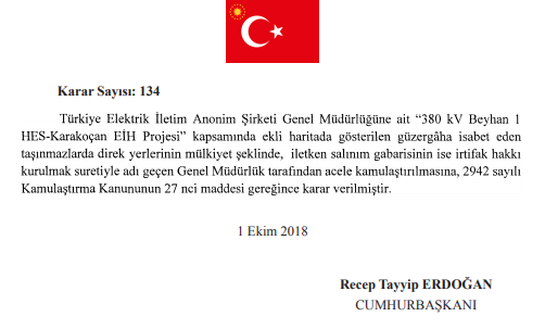 2 Ekim 2018 Tarihli Resmi Gazete Acele Kamulaştırma Cumhurbaşkanı Kararları