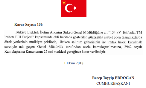 2 Ekim 2018 Tarihli Resmi Gazete Acele Kamulaştırma Cumhurbaşkanı Kararları