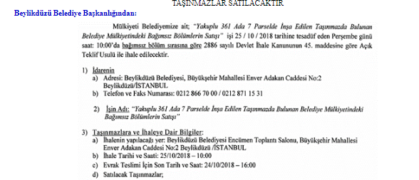 Beylikdüzü Belediyesi Taşınmaz Satış İhalesi Resmi Gazete İlanı