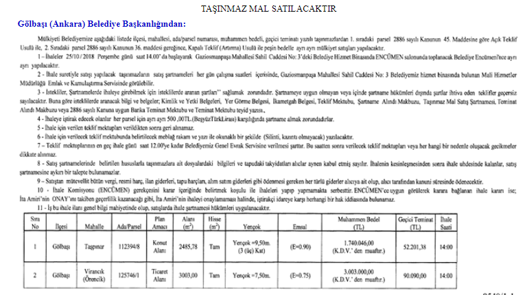 Gölbaşı Belediyesi Taşınmaz İhalesi Resmi Gazete İlanı