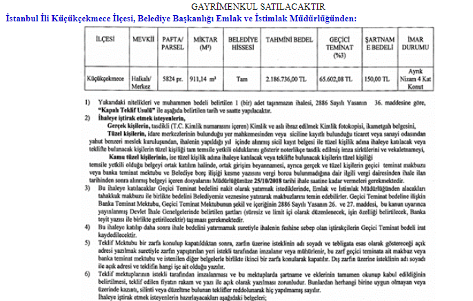 Küçükçekmece Belediyesi Arsa Satış İhalesi Resmi Gazete İlanı