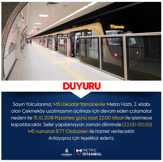 M5 Üsküdar - Yamanevler Metro Hattı Çekmeköy Uzatması Çalışmaları İçin Kapatılıyor