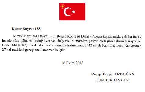 Kuzey Marmara Otoyolu (3. Boğaz Köprüsü Dahil) Projesi Acele Kamulaştırma Kararı Yayımlandı