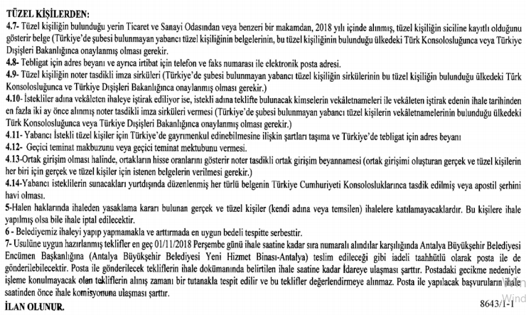 Antalya Büyükşehir Belediyesi Taşınmaz (Arsa ve İşyeri Satışı) İhale İlanı Yayımlandı