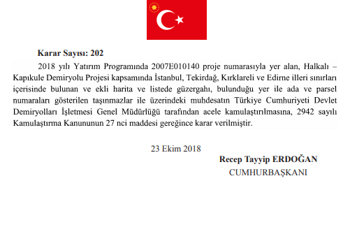 Halkalı Kapıkule Demiryolu Projesi İçin İstanbul, Tekirdağ, Kırklareli ve Edirne Acele Kamulaştırma Kararı Çıktı