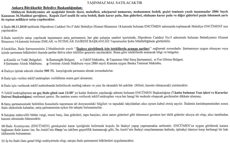 Ankara Büyükşehir Belediyesi Dükkan Satış İhalesi Resmi Gazete İlanı