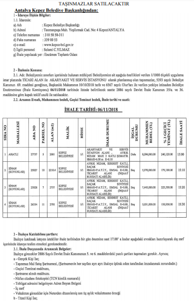 Kepez Belediyesi Taşınmaz İhalesi Resmi Gazete İlanı