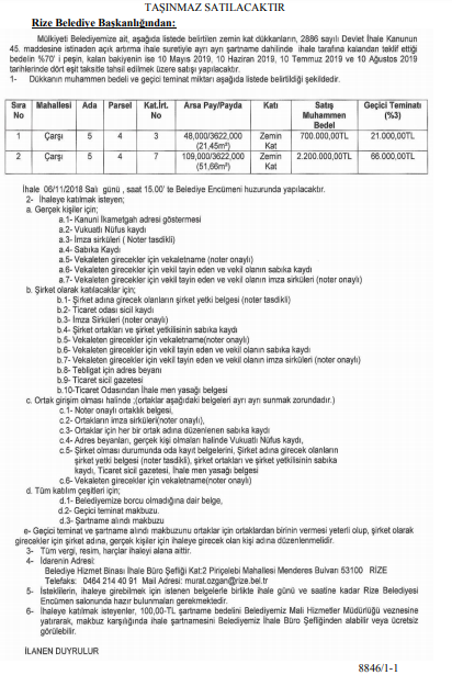 Belediyelerin 26 Ekim 2018 Tarihli Resmi Gazete İhale İlanları