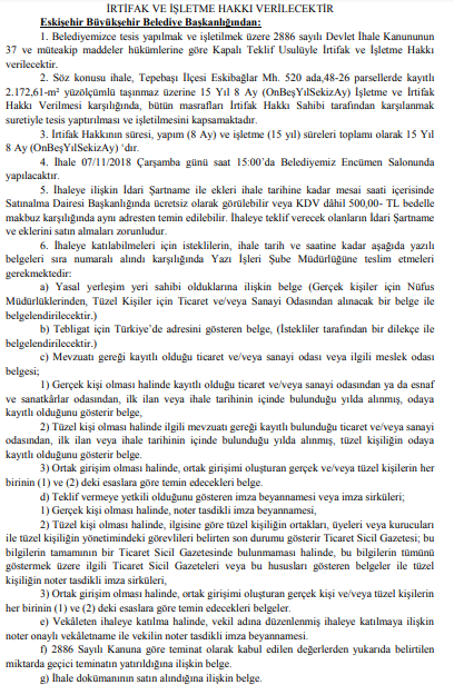 Belediyelerin 26 Ekim 2018 Tarihli Resmi Gazete İhale İlanları