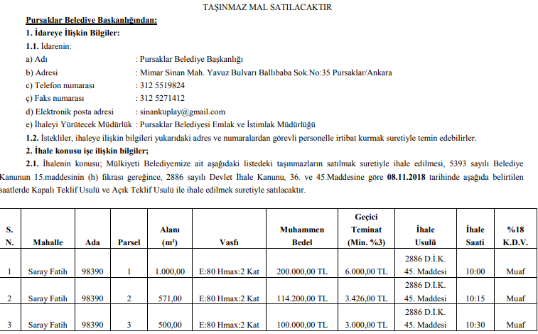 Belediyelerin 26 Ekim 2018 Tarihli Resmi Gazete İhale İlanları