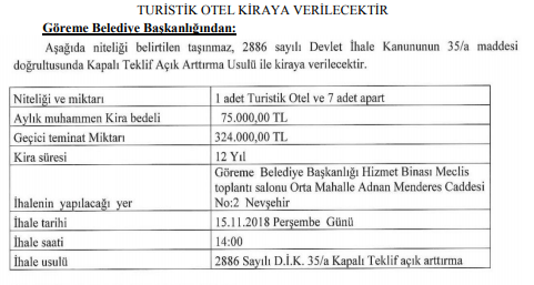 Göreme Belediyesi Turistik Otel Kiralama İhalesi Düzenleyecek!