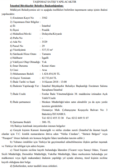 İstanbul Büyükşehir Belediyesi Pendik Dolayoba Satılık Arsa İhalesi Resmi Gazete İlanı