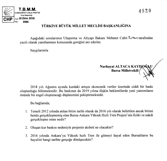 Ankara Bursa Yüksek Hızlı Demiryolu YHT Projesi İçin Soru Önergesi Verildi!