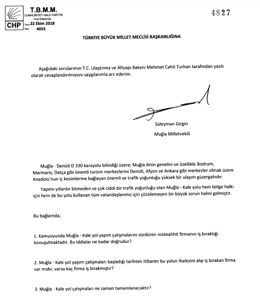 Muğla Denizli Kale Yol Çalışması D330 Karayolu Hakkında Meclise Soru Önergesi Verildi