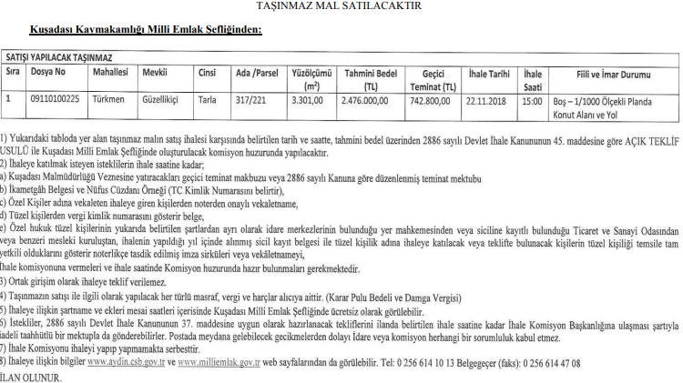 Kuşadası Kaymakamlığı Milli Emlak Şefliği Satılık Arsa / Tarla İhalesi İlanı