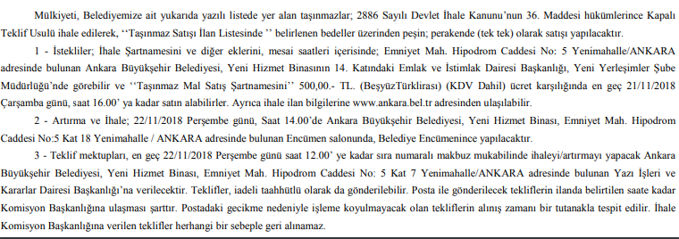 Ankara Büyükşehir Belediyesi Taşınmaz İhalesi Resmi Gazete İlanı