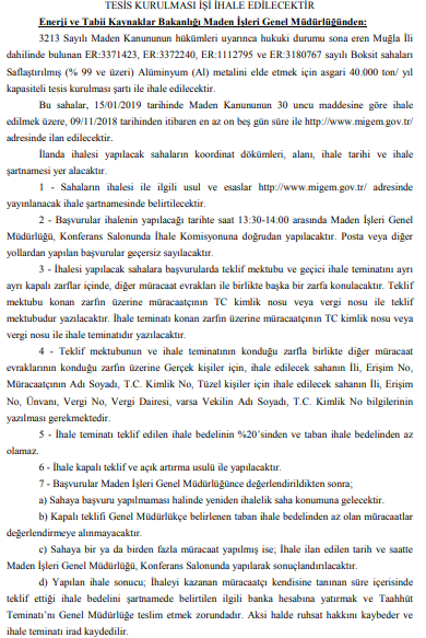 Enerji ve Tabii Kaynaklar Bakanlığı Muğla Boksit Madeni Tesis Kurulma İşi İhale İlanı Yayımladı!