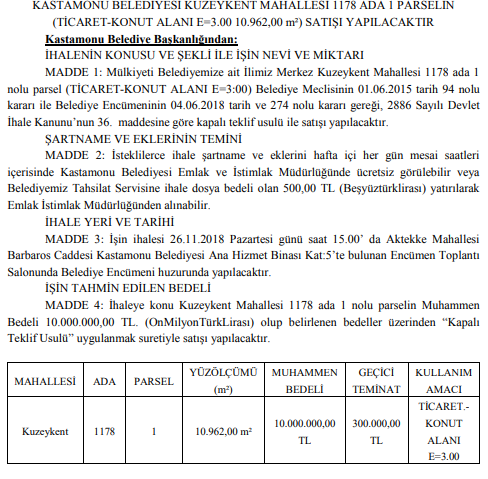 Kastamonu Belediyesi Kuzeykent Mahallesi Arsa İhalesi İlanı