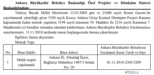 Ankara Büyükşehir Belediyesi Resmi Gazete'de Yayımladı, Metruk Binalar Yıkılıyor!