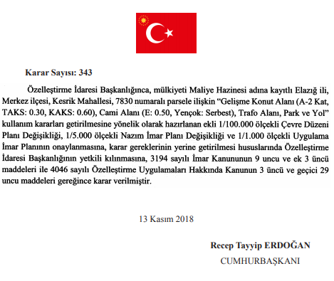 Özelleştirme İdaresi Elazığ Kesrik Mahallesi Nazım İmar ve Uygulama İmar Planı Değişikliği